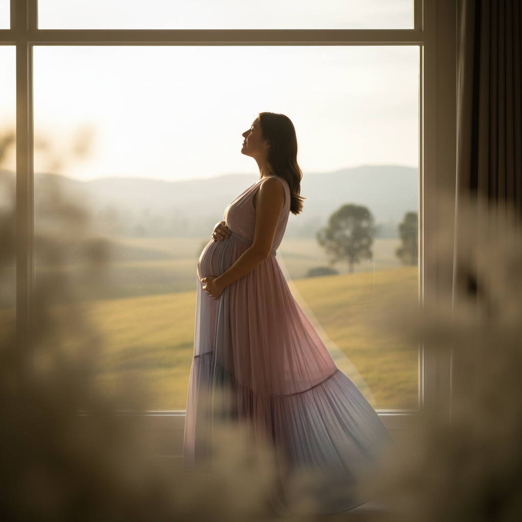 Serene side silhouette of a pregnant woman touching her belly in soft golden daylight by a window.