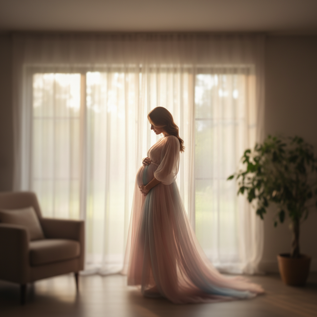Serene side silhouette of a pregnant woman touching her belly in soft golden daylight by a window.