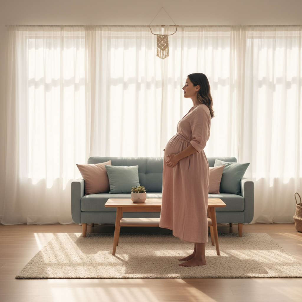 Pregnant woman practicing calming breathing in a bright, cozy living space