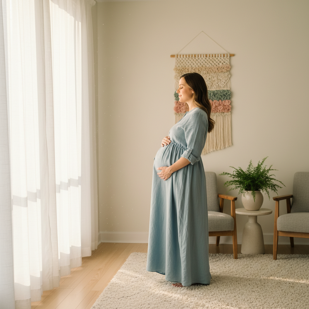 Pregnant woman practicing calming breathing in a bright, cozy living space