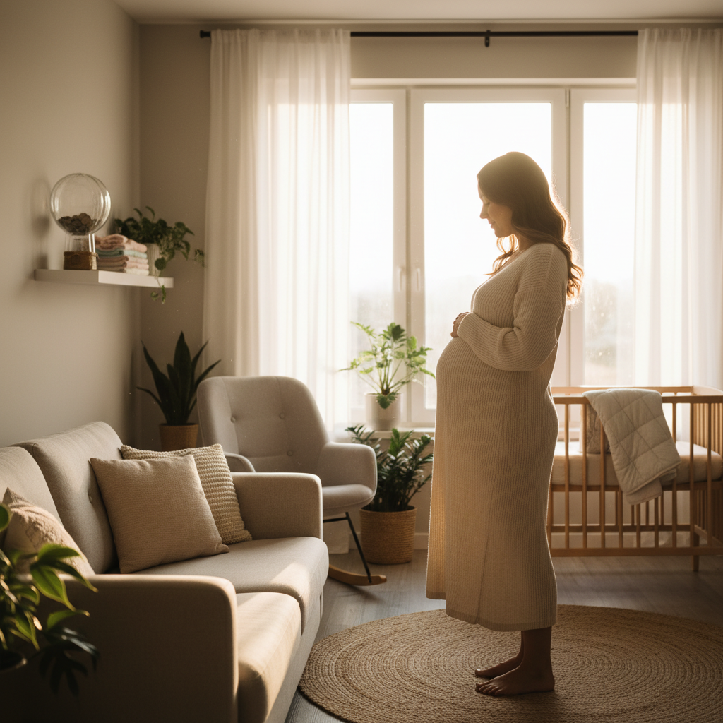 Pregnant woman in a softly lit living room planning finances for baby's first year.