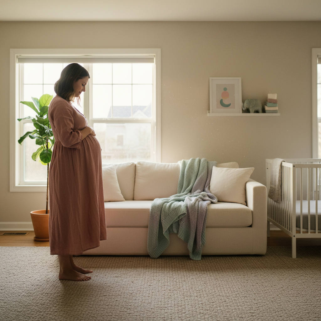 Pregnant woman in a softly lit living room planning finances for baby's first year.