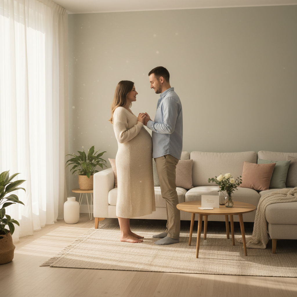Pregnant couple celebrating a small win together in a bright, cozy living room.