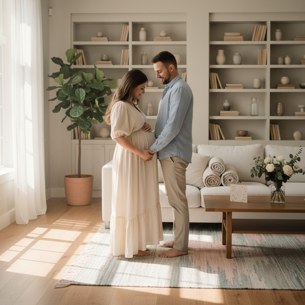 Pregnant couple celebrating a small win together in a bright, cozy living room.
