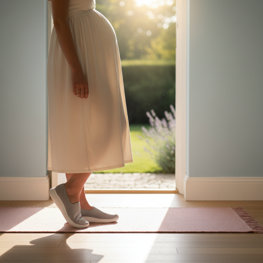Pregnant woman stepping into supportive shoes with gentle sunlight and soft pastel tones in a wide landscape photo.