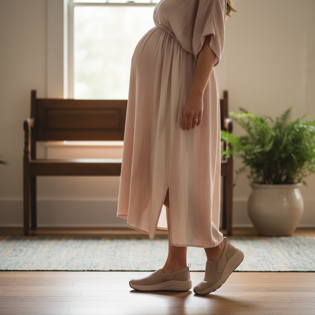 Pregnant woman stepping into supportive shoes with gentle sunlight and soft pastel tones in a wide landscape photo.