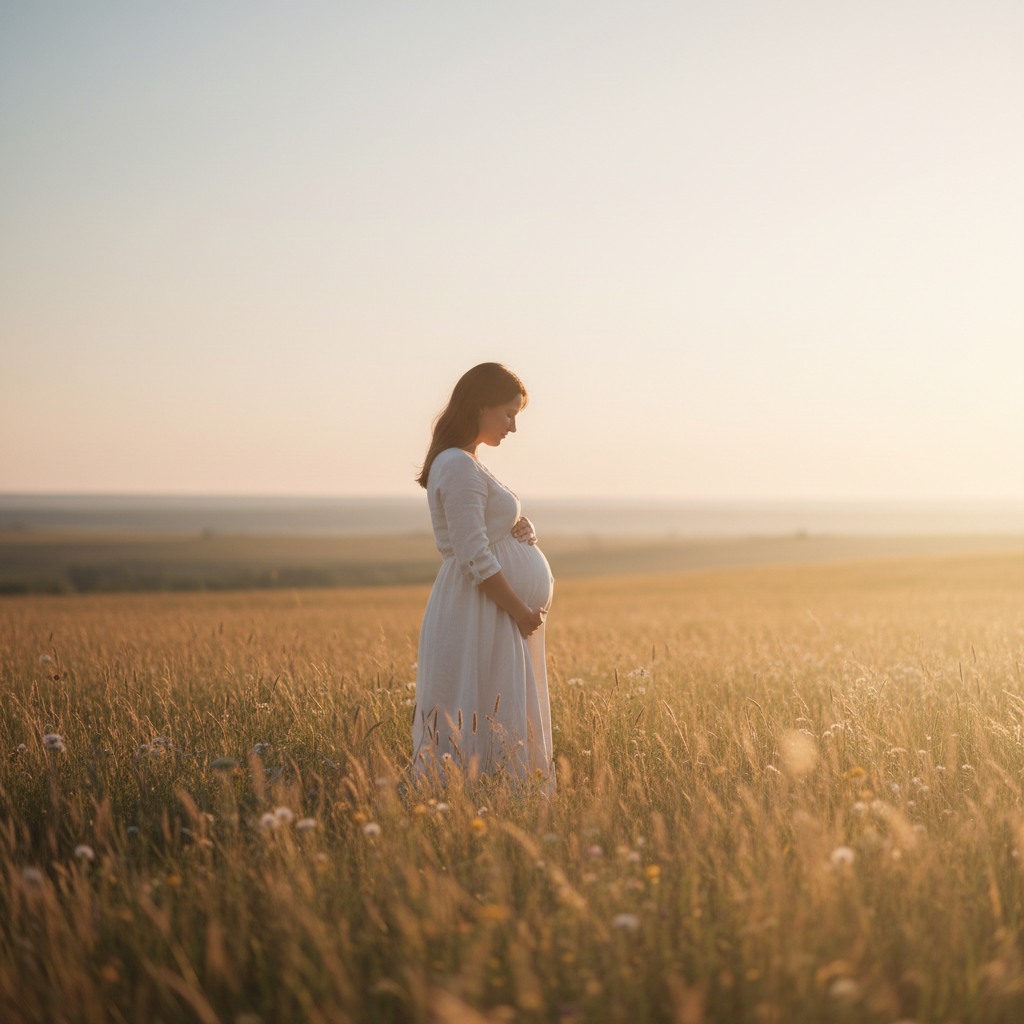 Pregnant woman in a sunlit field, gentle side profile, symbolizing the change between pregnancy trimesters.