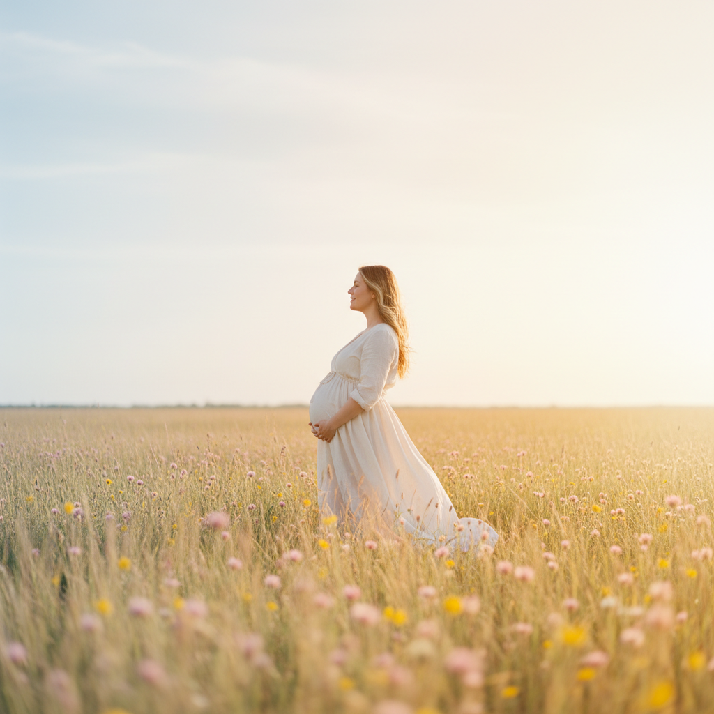 Pregnant woman in a sunlit field, gentle side profile, symbolizing the change between pregnancy trimesters.
