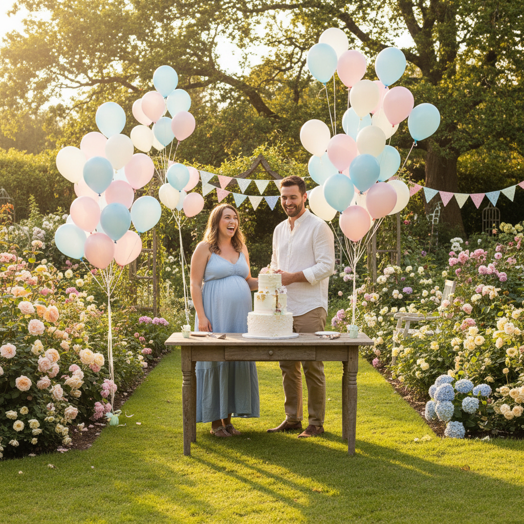 Happy couple at their outdoor gender reveal party with festive pastel decor and a reveal cake.