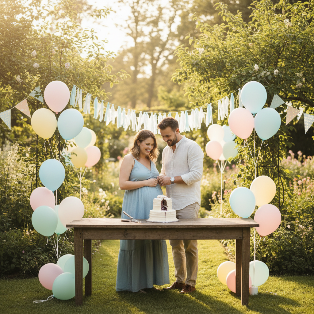 Happy couple at their outdoor gender reveal party with festive pastel decor and a reveal cake.