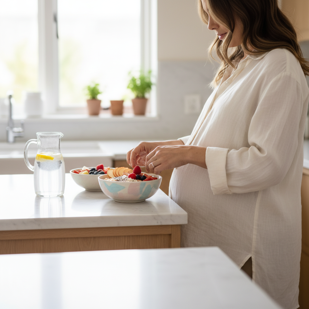 Pregnant woman preparing a fiber-rich breakfast bowl with fruit and grains in a sunlit kitchen.