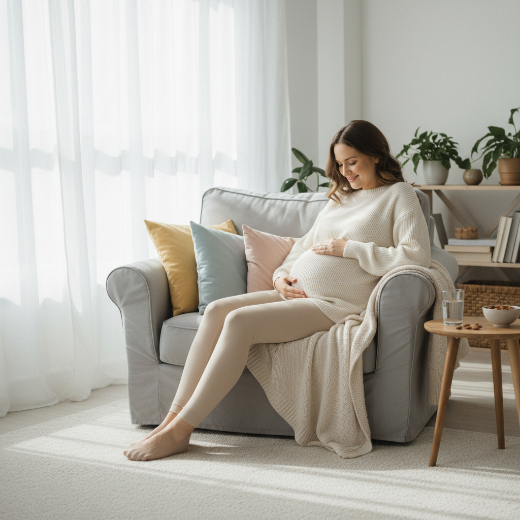 Pregnant woman relaxing in a sunlit living room, water and almonds nearby symbolizing gentle heartburn relief.