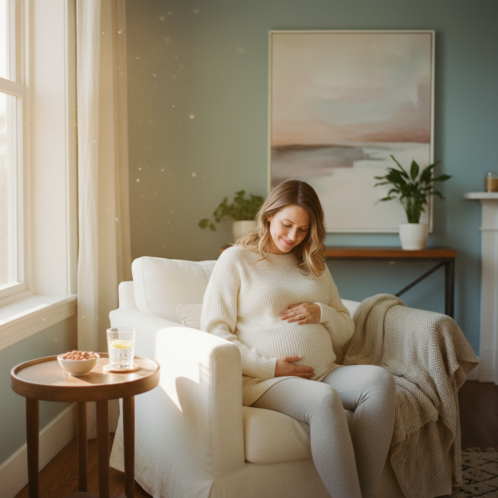 Pregnant woman relaxing in a sunlit living room, water and almonds nearby symbolizing gentle heartburn relief.