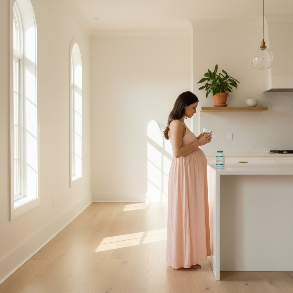 Pregnant woman taking prenatal vitamins in a sunlit kitchen, cheerful and nurturing scene.
