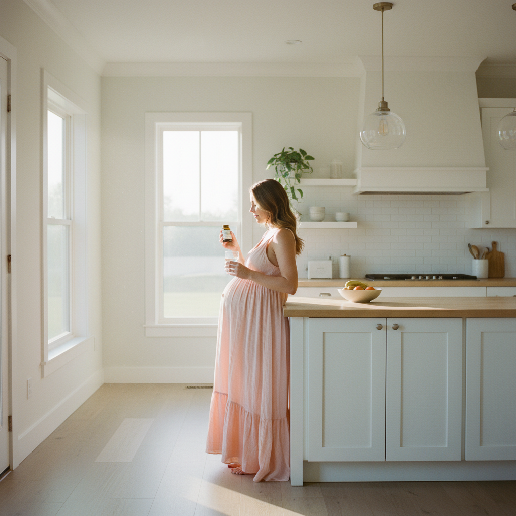 Pregnant woman taking prenatal vitamins in a sunlit kitchen, cheerful and nurturing scene.