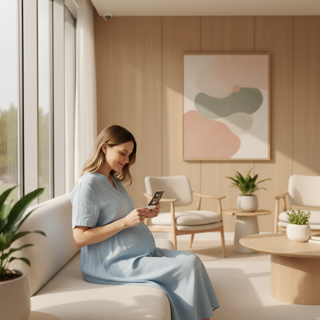Pregnant woman holding an ultrasound printout in a softly lit clinic waiting room, landscape orientation.