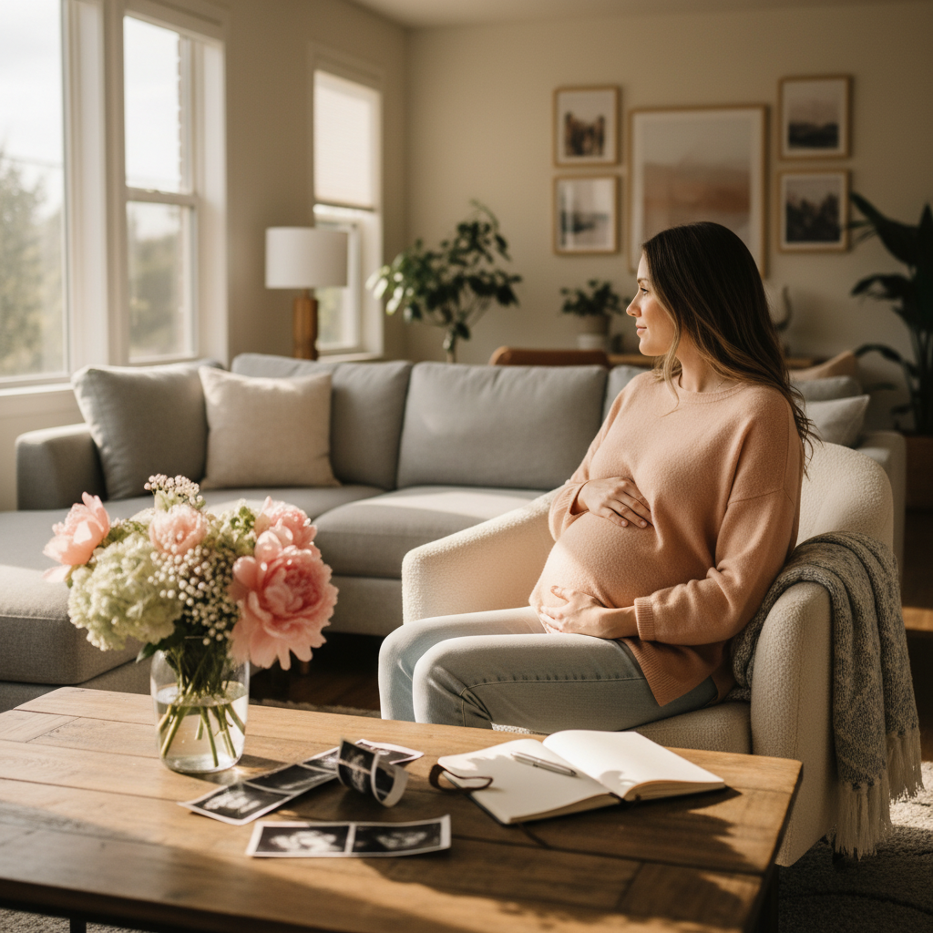 Pregnant woman in sunlit room cherishing memories with photos and keepsakes.