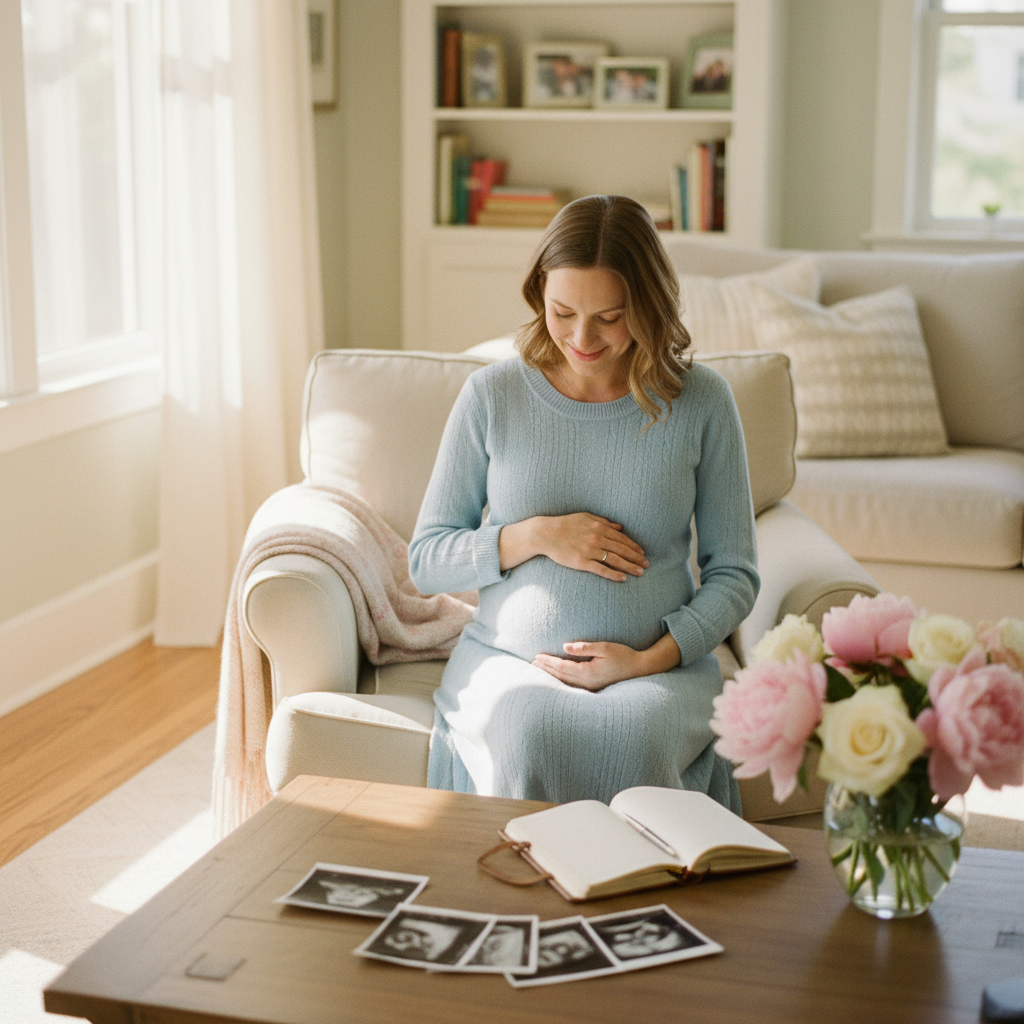 Pregnant woman in sunlit room cherishing memories with photos and keepsakes.
