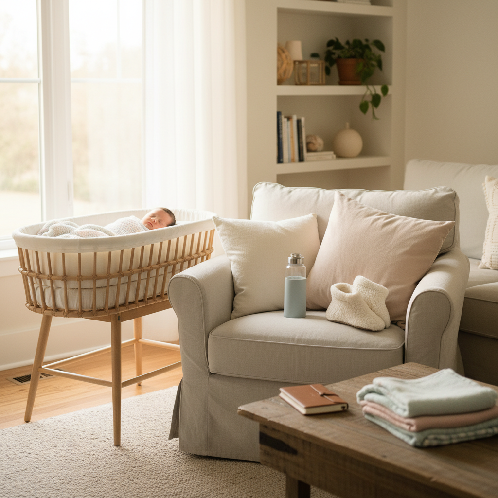 Cinematic wide shot of a cozy living space with postpartum essentials and quiet, organized energy.