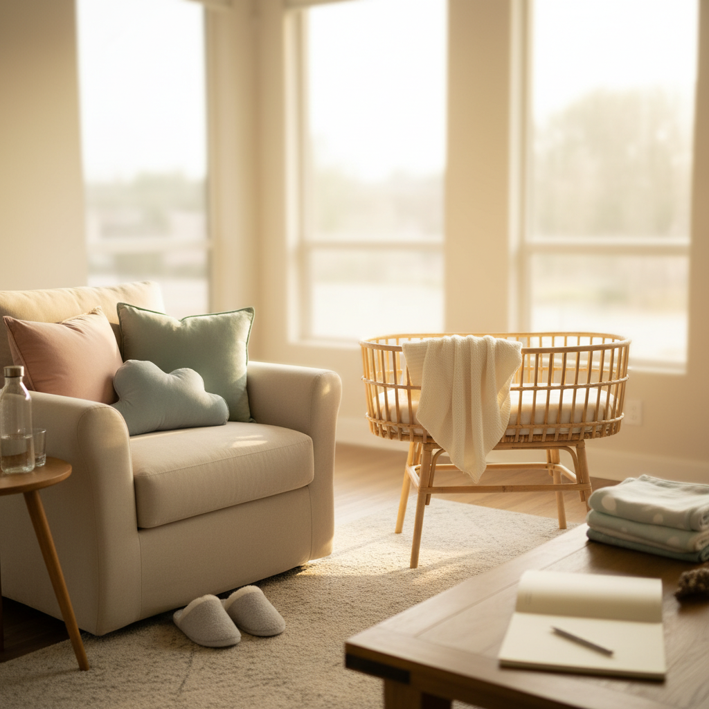 Cinematic wide shot of a cozy living space with postpartum essentials and quiet, organized energy.