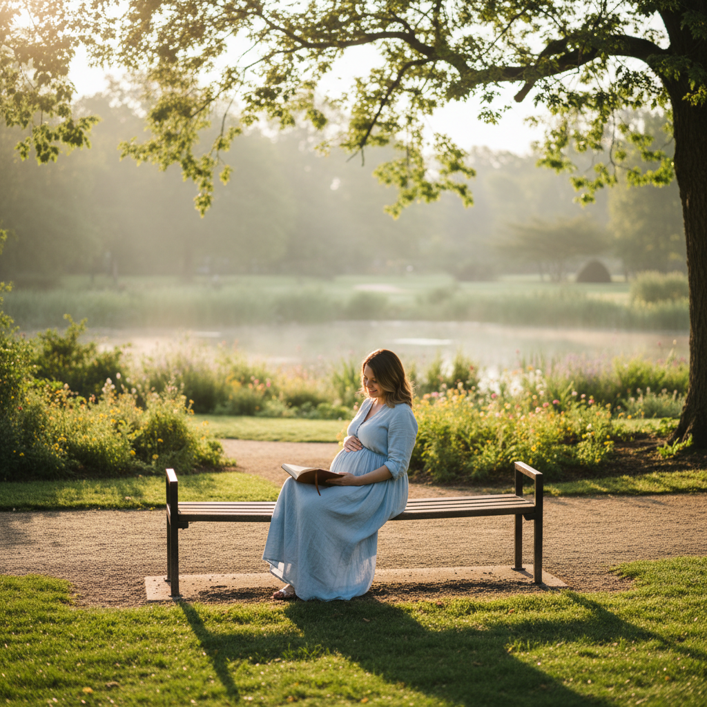 Pregnant woman quietly journaling on a sunlit park bench, evoking calm and mental clarity.