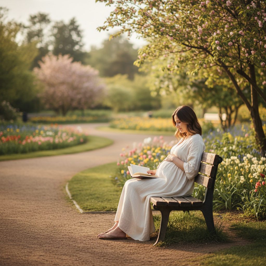 Pregnant woman quietly journaling on a sunlit park bench, evoking calm and mental clarity.
