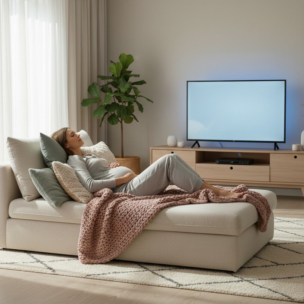 Pregnant woman relaxing on a cozy couch with blankets and dim lighting during movie night.