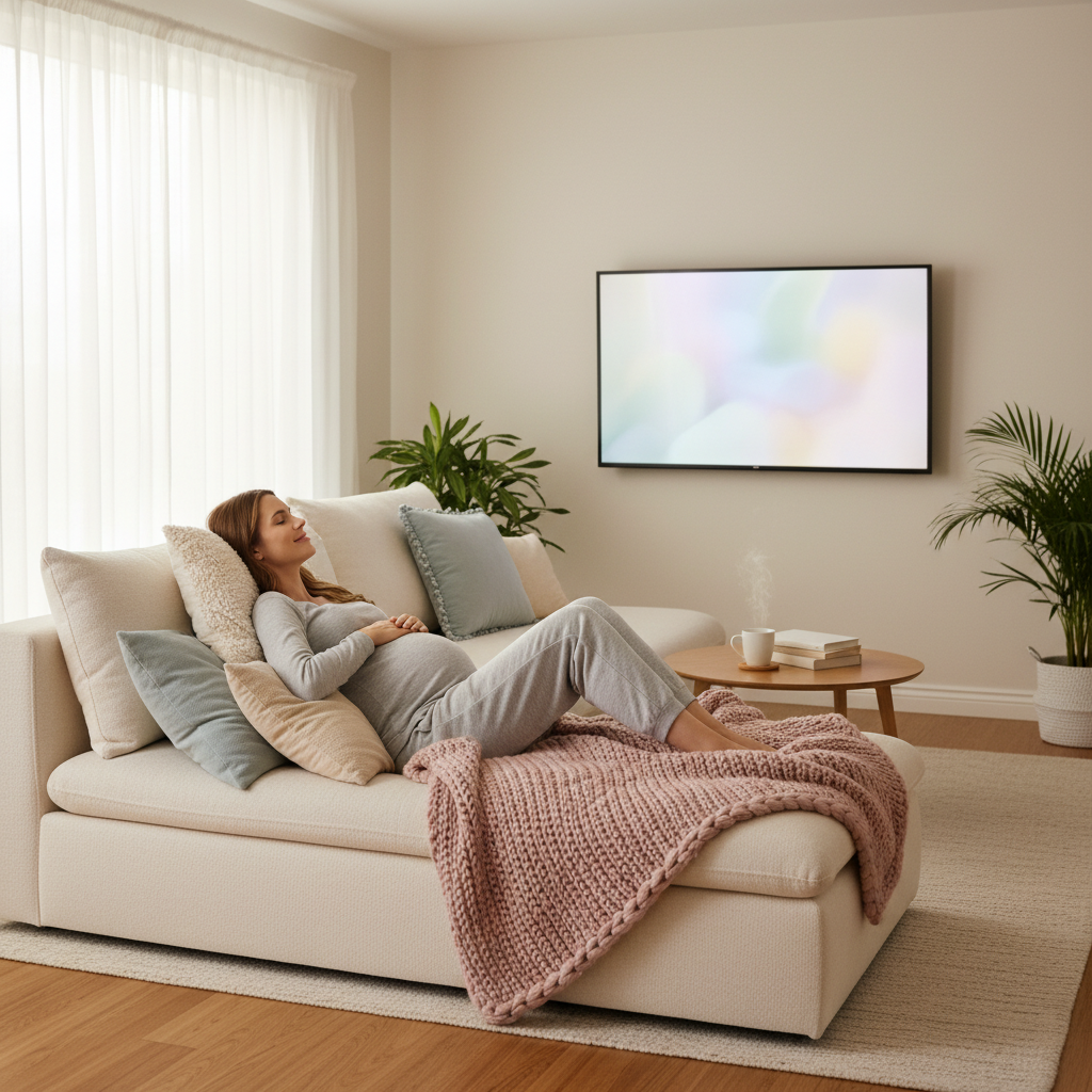 Pregnant woman relaxing on a cozy couch with blankets and dim lighting during movie night.