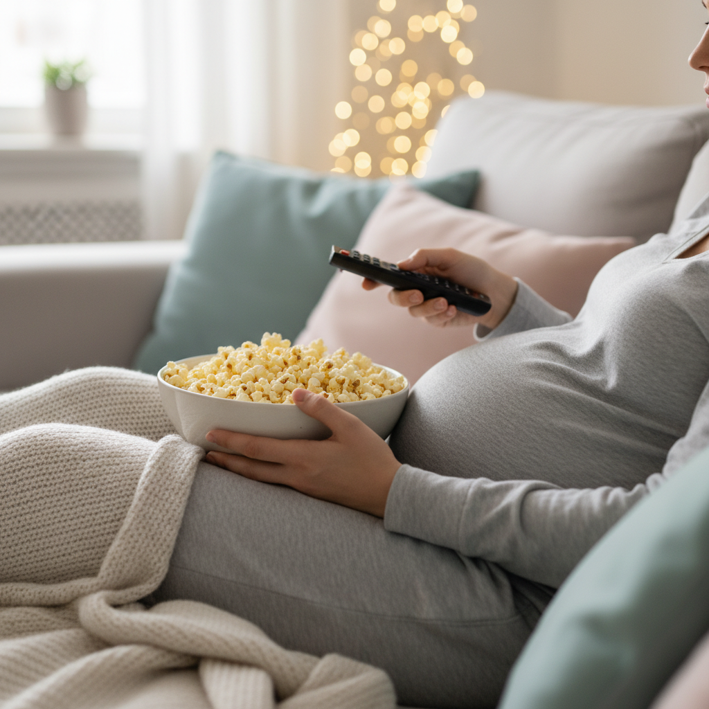 Woman arranging pregnancy pillows and blankets for movie night