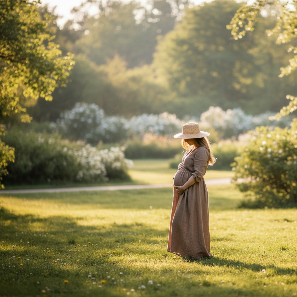 Pregnant woman in a sunlit park, gently cradling her belly, with a peaceful and hopeful atmosphere.