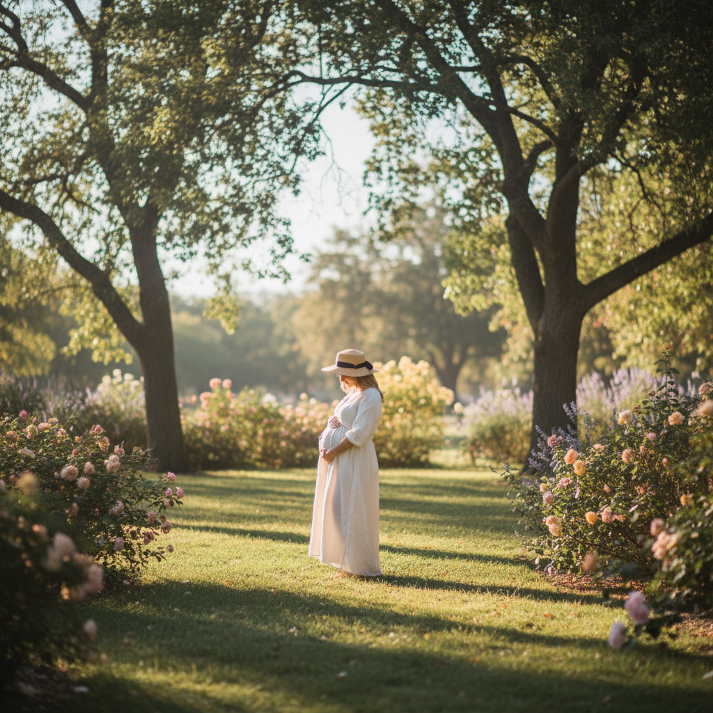 Pregnant woman in a sunlit park, gently cradling her belly, with a peaceful and hopeful atmosphere.