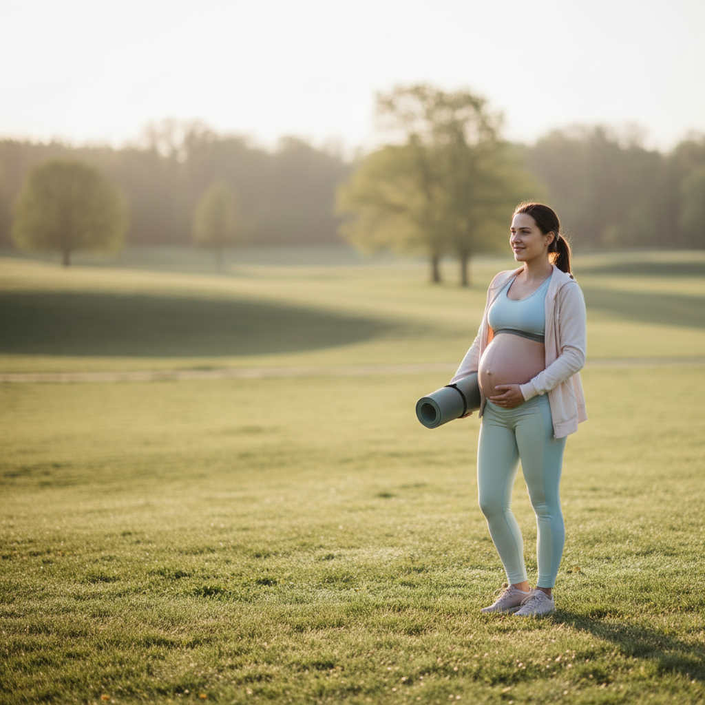 Pregnant woman with yoga mat standing in a sunlit park, ready to exercise.