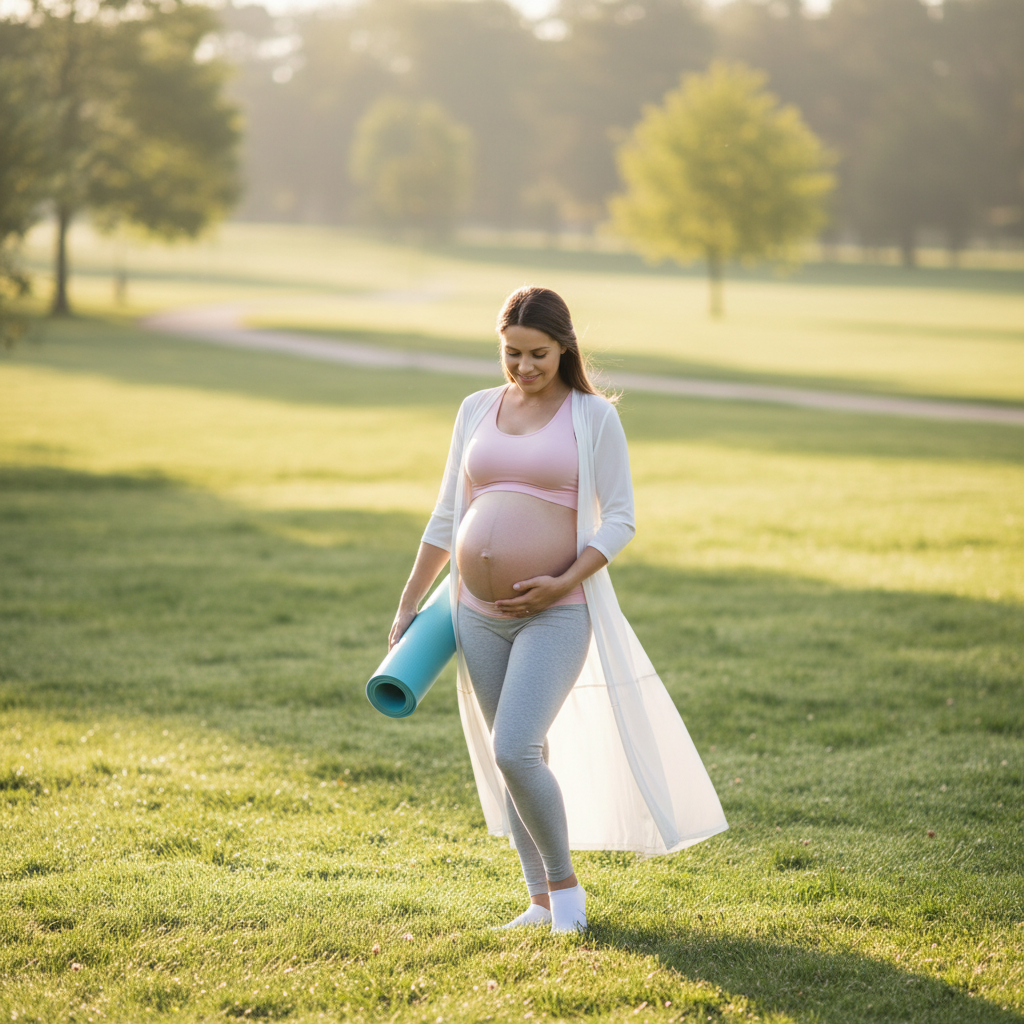 Pregnant woman with yoga mat standing in a sunlit park, ready to exercise.