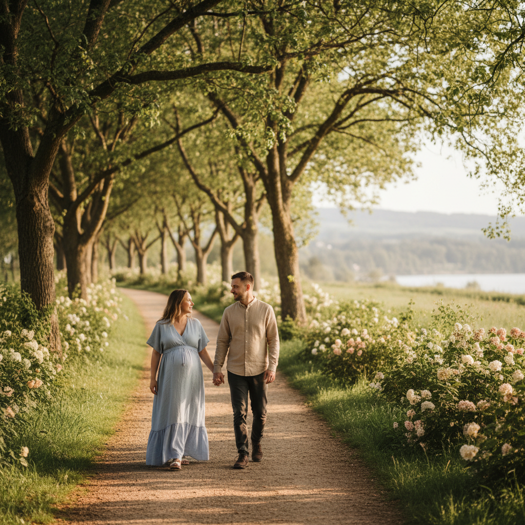 Expectant couple strolling hand-in-hand outdoors, supporting each other through pregnancy changes.