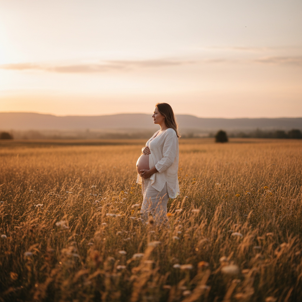 Pregnant woman in comfy clothes caressing her belly in a sunny open field, expressing calm and confidence.