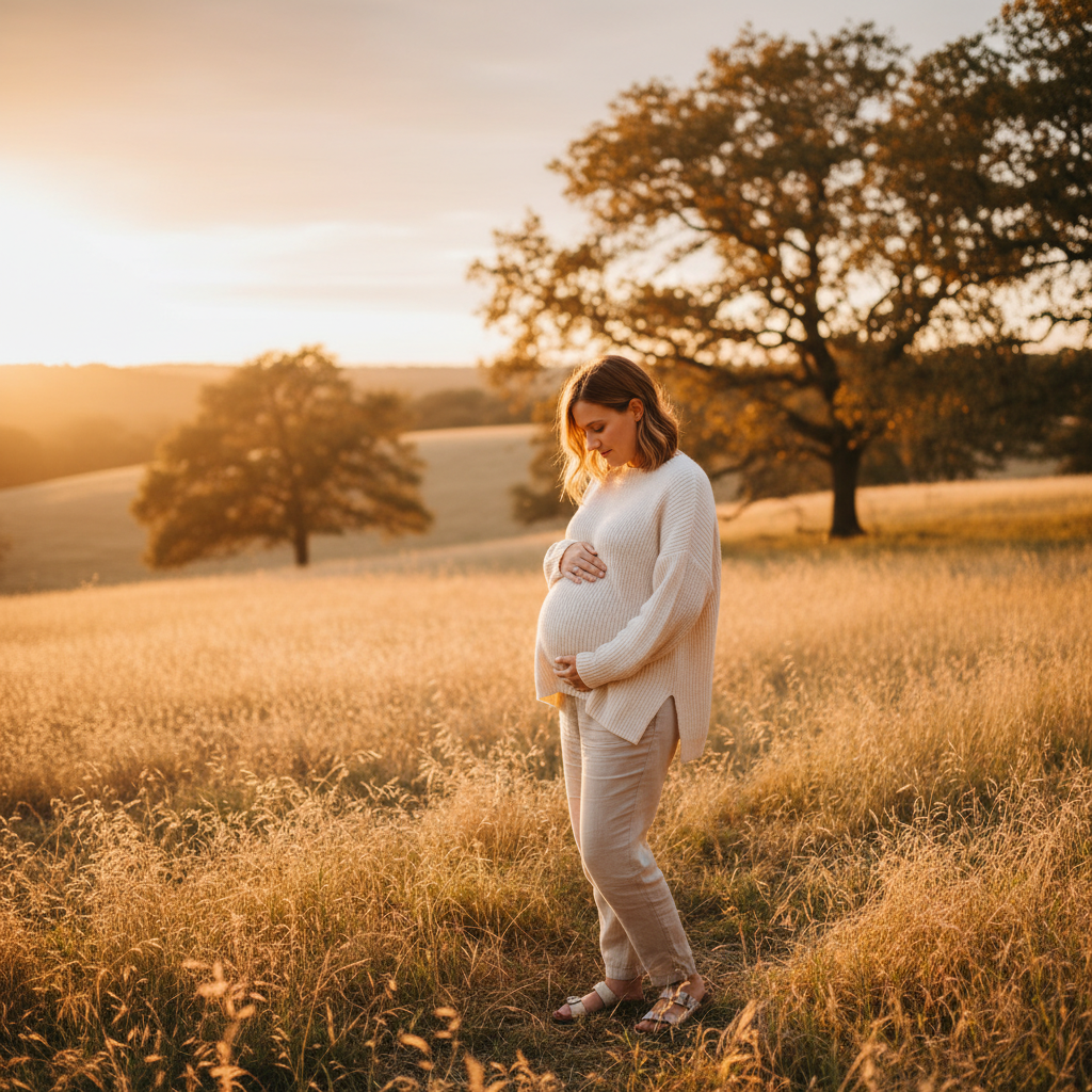 Pregnant woman in comfy clothes caressing her belly in a sunny open field, expressing calm and confidence.