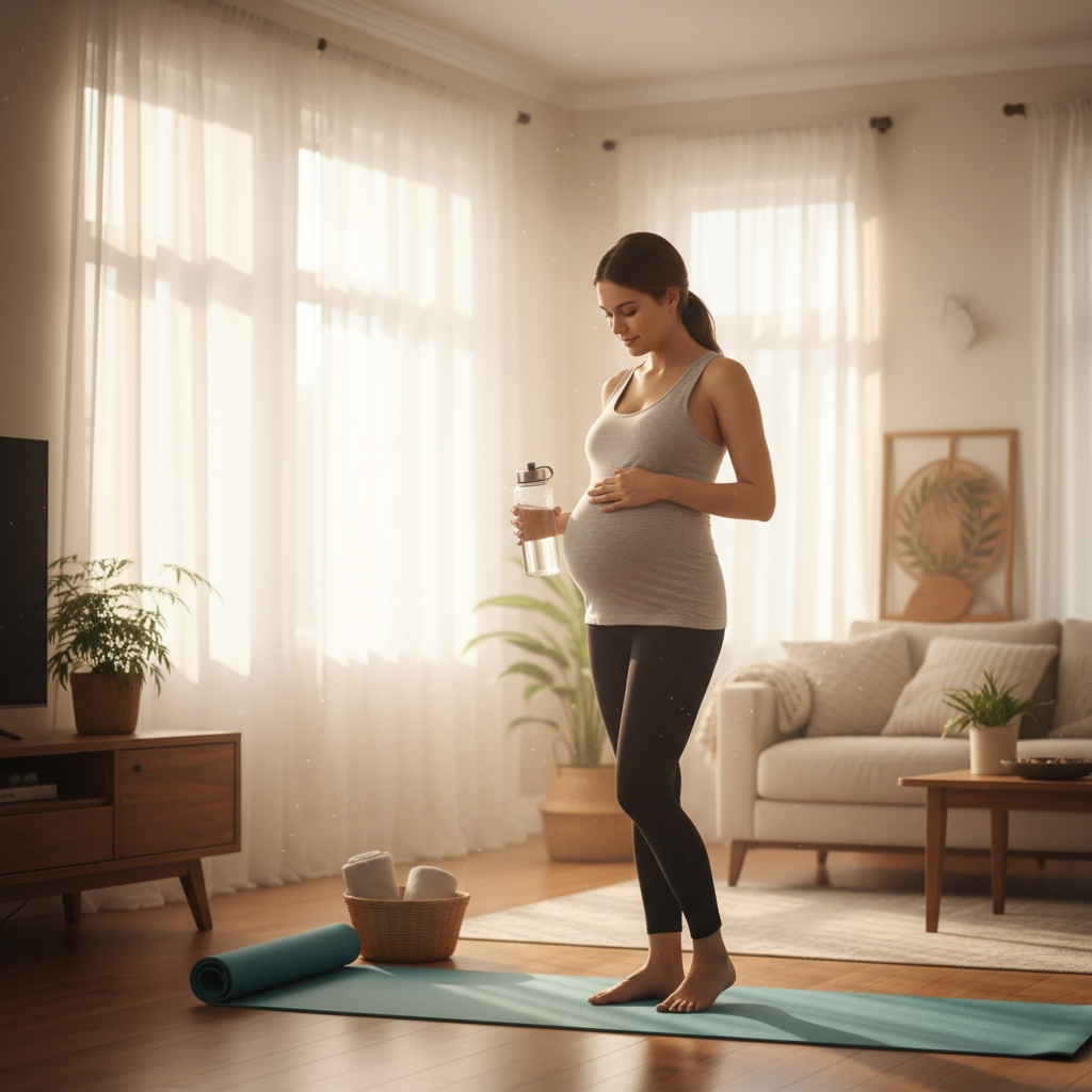 Pregnant woman starts her safe exercise routine in a bright, welcoming living room.