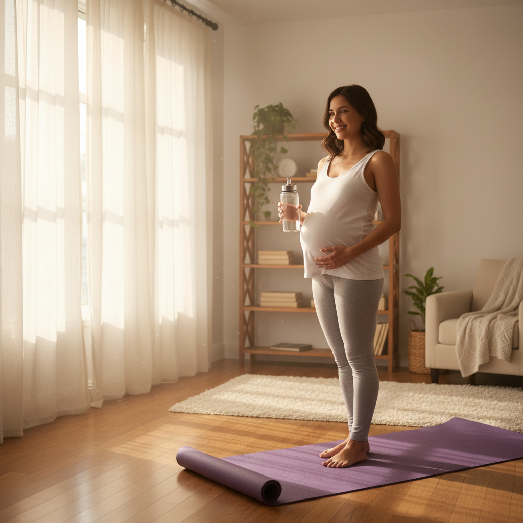 Pregnant woman starts her safe exercise routine in a bright, welcoming living room.