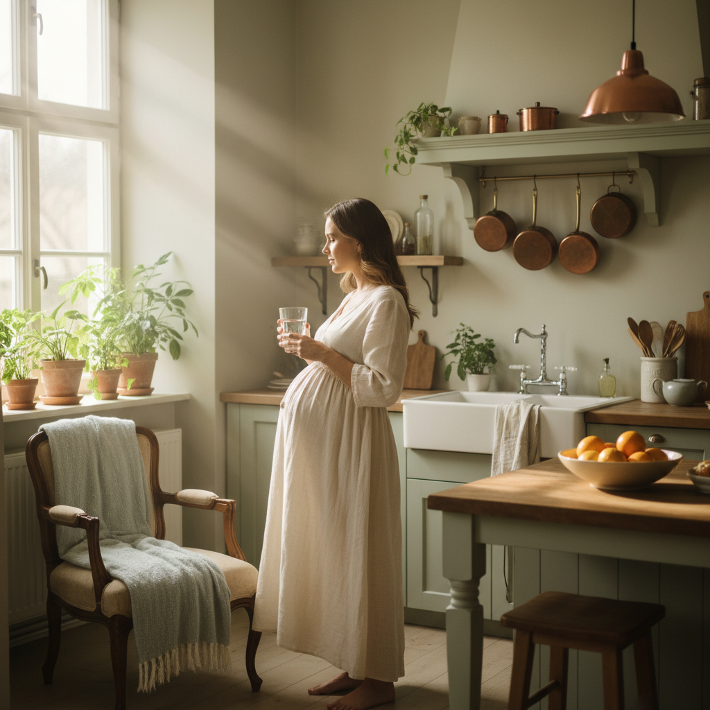 Pregnant woman enjoying a glass of water in a sunlit kitchen, symbolizing healthy hydration.