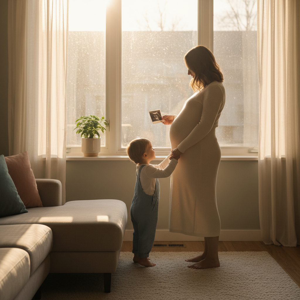 Pregnant mom and child hold a sonogram together by a sunlit window.