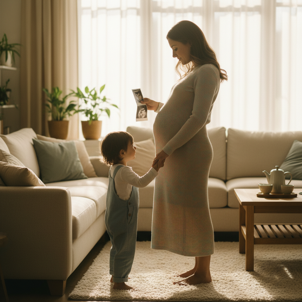 Pregnant mom and child hold a sonogram together by a sunlit window.