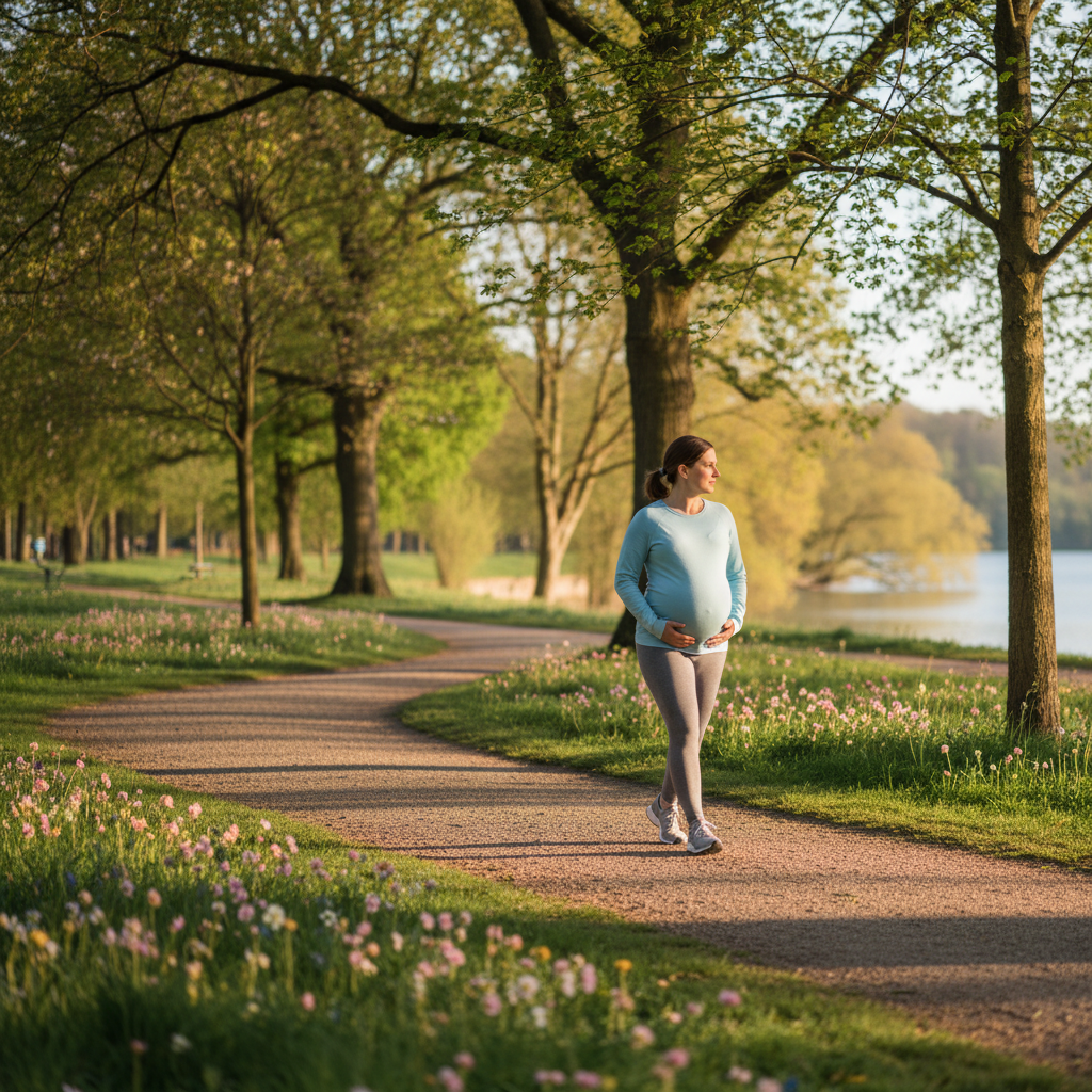Pregnant woman in activewear enjoying a peaceful walk in a sunlit park, symbolizing safe second-trimester cardio fitness.