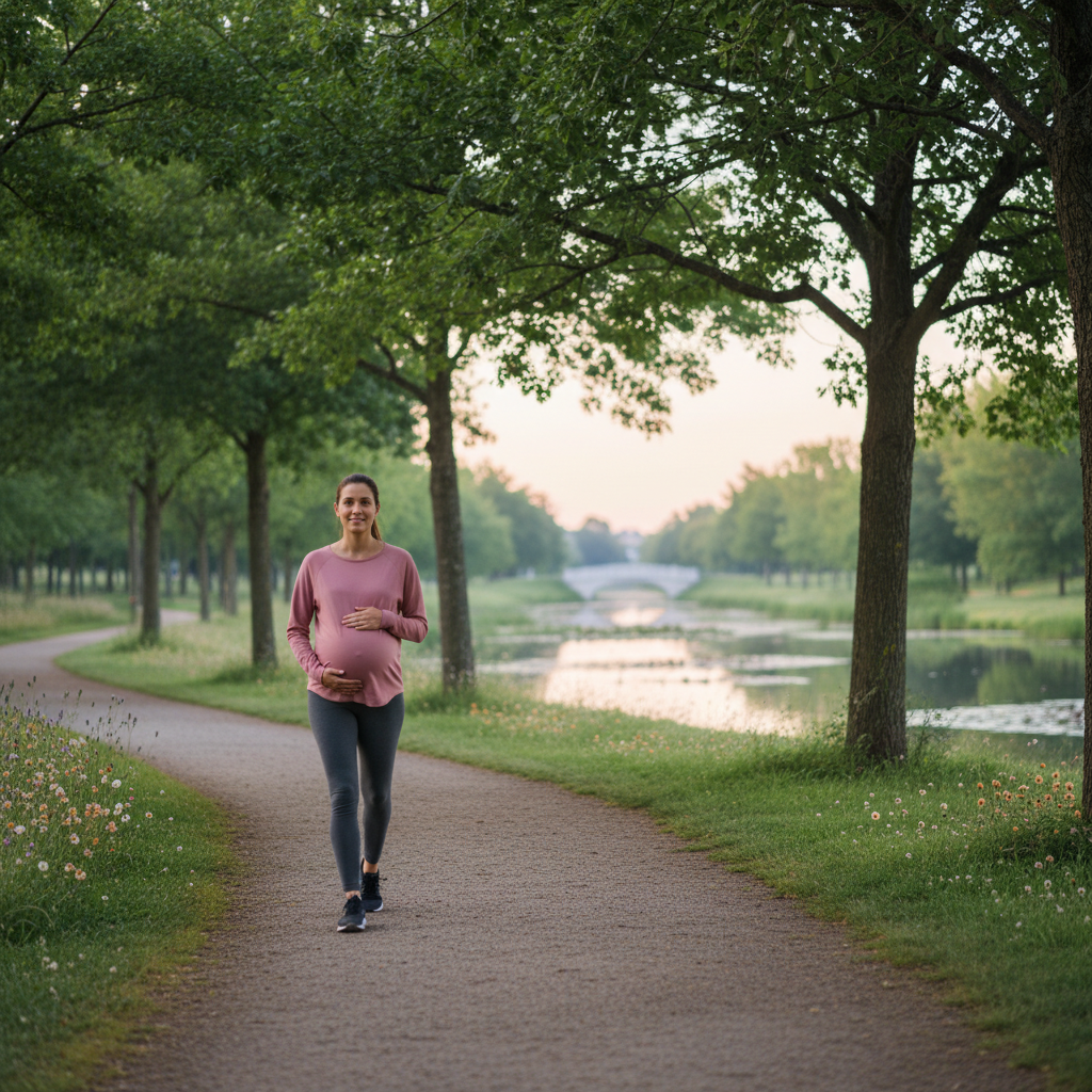Pregnant woman in activewear enjoying a peaceful walk in a sunlit park, symbolizing safe second-trimester cardio fitness.