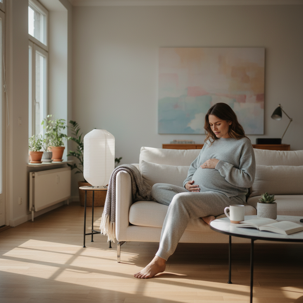 Pregnant woman relaxing on a sunlit couch in a peaceful living room, hands on belly.
