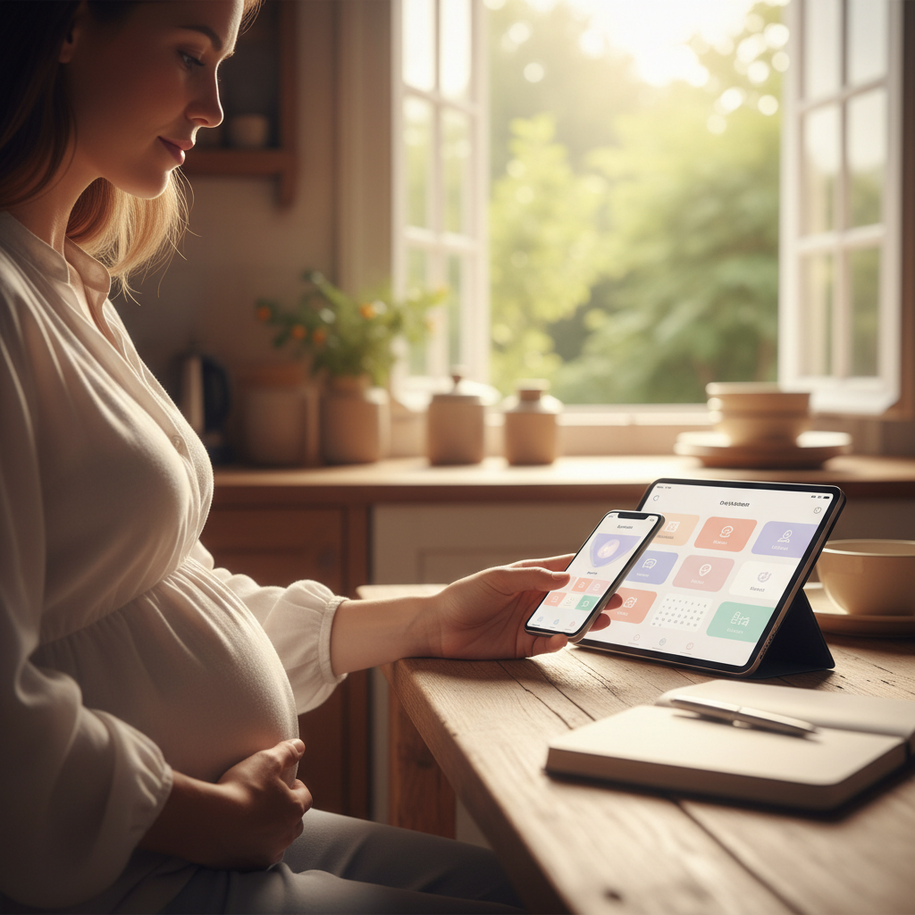 Pregnant woman at a table using smartphone and tablet with pregnancy tracking apps, softly lit morning scene.
