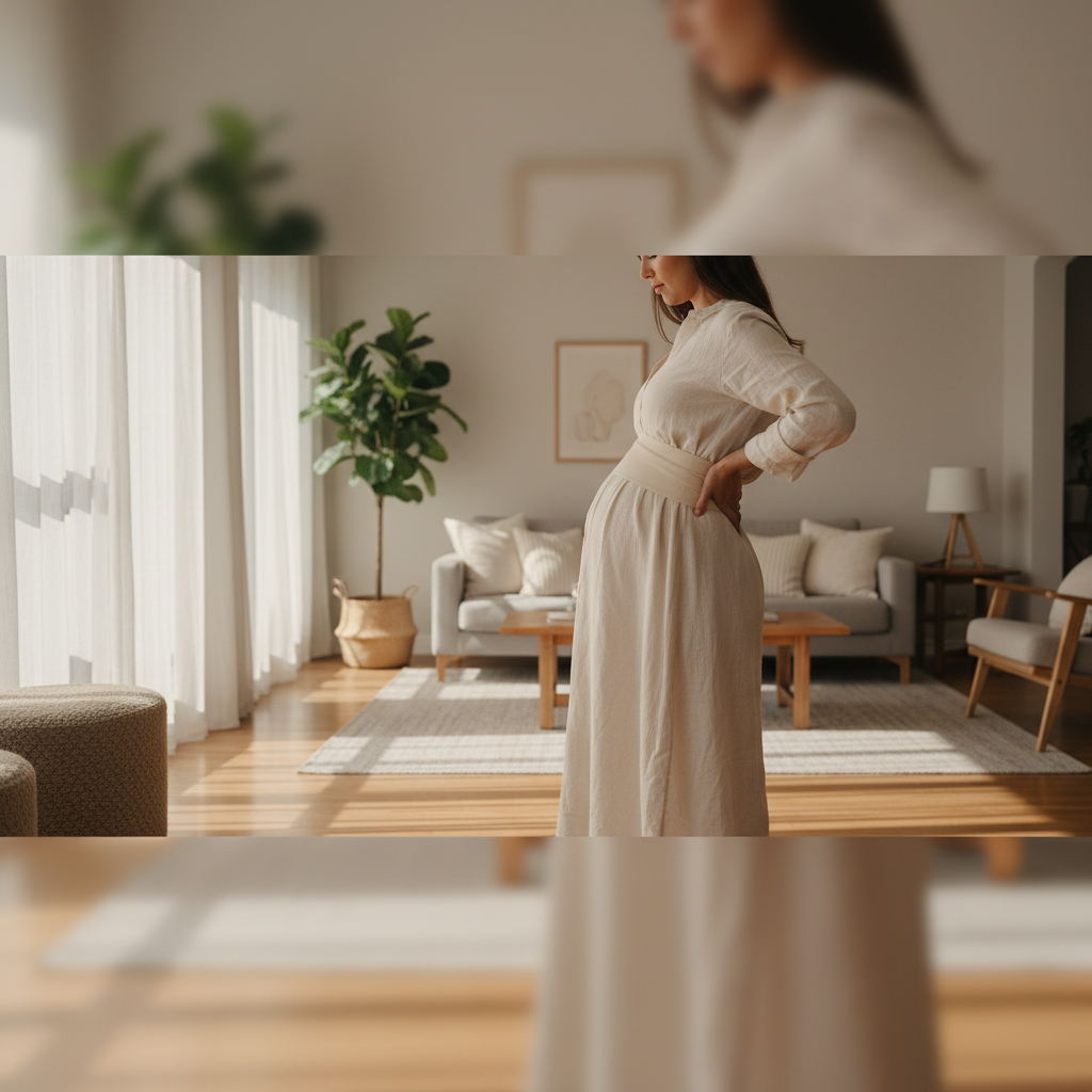 Pregnant woman standing in a sunny living room, hand on lower back, wearing a supportive band.