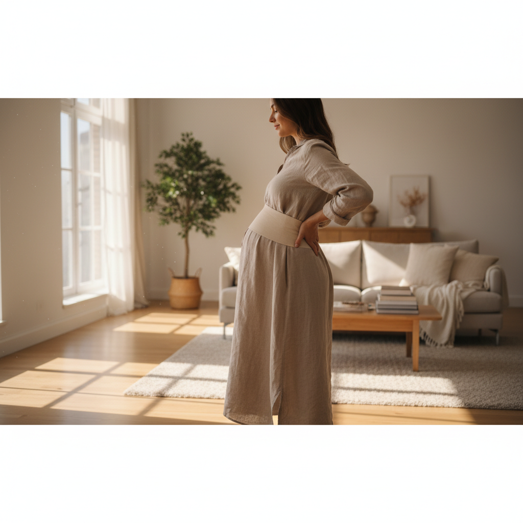 Pregnant woman standing in a sunny living room, hand on lower back, wearing a supportive band.