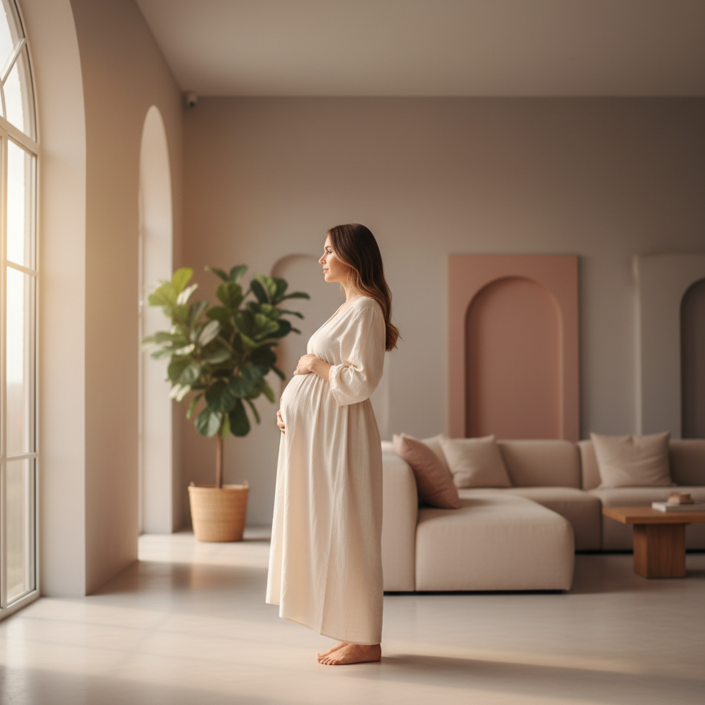 Pregnant woman in soft light by a window, gently holding belly, symbolic of awareness and calm.