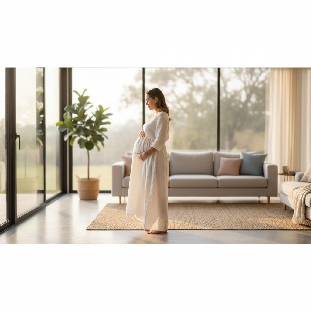 Pregnant woman in soft light by a window, gently holding belly, symbolic of awareness and calm.