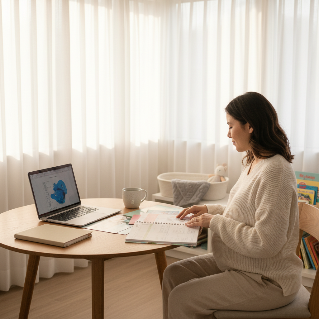 Pregnant woman planning for childcare at home with notes, laptop, and soft sunlight.